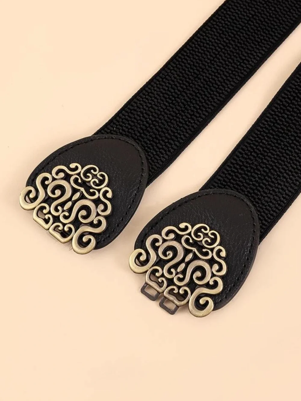 Black Elastic Waist Belt with Decorative Gold Buckle